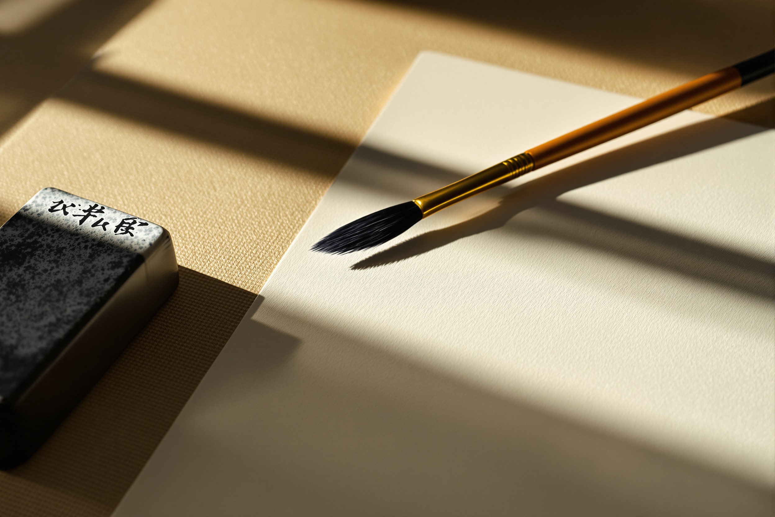 書道の筆と硯、白い和紙の静物