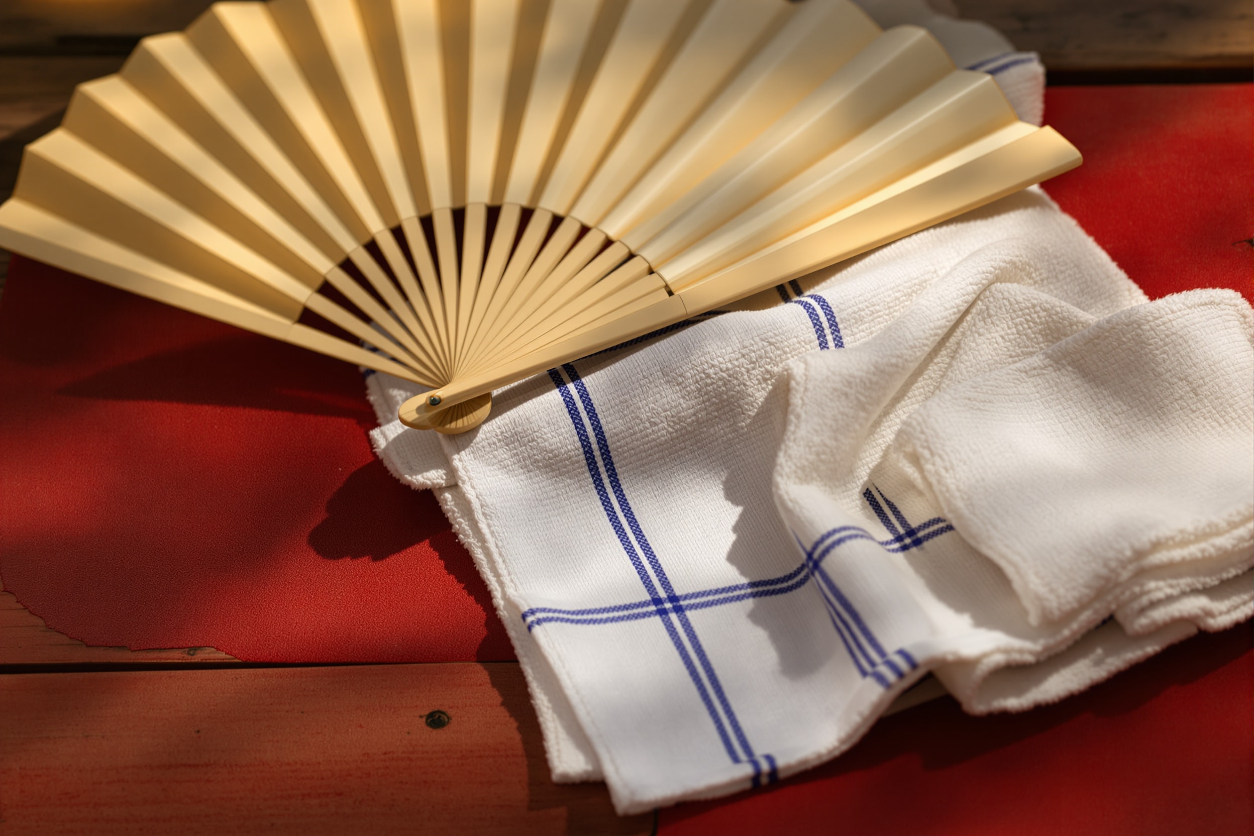 A folding paper fan and folded cloth resting on a red cushion on a wooden rakugo stage